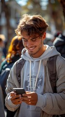 Young man with a backpack smiles while looking at his smartphone outdoors in daylight