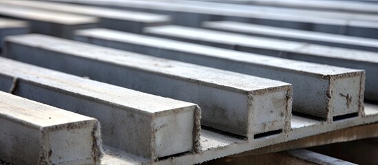 A pallet holds a stack of concrete blocks, made from composite material, parallel to each other. The heavy blocks contrast with the pallets wood and metal construction