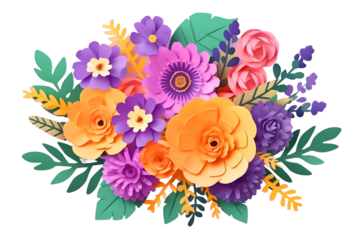 Paper cut art spring, summer flowers illustration, botanical arrangement, festive floral bouquet, bright candy colors. Happy mothers, valentines, womens day holiday concept. PNG