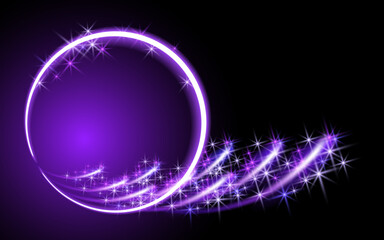 Glowing round frame with sparkle stars on dark fantastic background. Abstract neon space portal into another dimension.