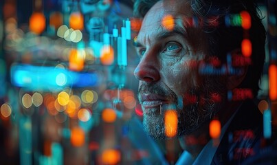 Stock market trends with analytical visuals of businessman planning long term investments and future business growth