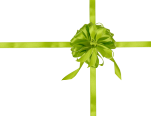 Green ribbon with a cross and a big bow on an isolated background, packaging for a gift