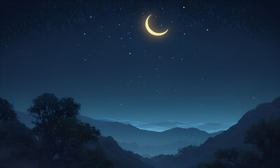 Fototapeta premium Sky night stars and moon, islamic night,sunset