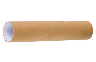 Brown paper towel tube on white isolated background, close up