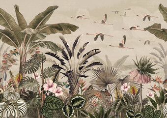 pattern tropical forest wallpaper with palm trees, plants, birds, butterflies and Flamingo beige background.