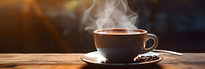 Serene Morning Scene with Hot Coffee Cup and Spoon on Rustic Wooden Table - obrazy, fototapety, plakaty