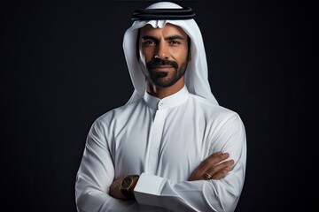 Arabic businessman in Dubai , one color background , copy space - generative ai
