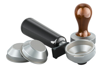 Portafilter, Coffee Basket Filter and coffee tamper of Espresso Machine. 3D rendering isolated on transparent background