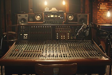 A high-definition image of a music recording studio showcasing a large mixing console bathed in soft ambient light