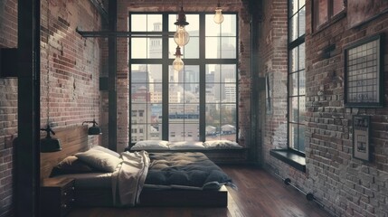 Urban Loft Bedroom with City Skyline Window Seat.
