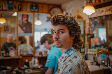 A high-definition photo of a man sporting a classic 80s mullet hairstyle with the business in the...