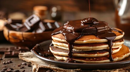 A luxurious scene of molten chocolate flowing down a stack of freshly made pancakes