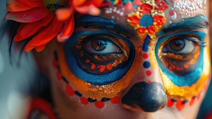 A close-up of a person's eye with colorful Day of the Dead makeup, adorned with floral decorations