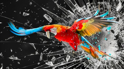 A vibrant parrot in mid-flight emerging from a shattered television screen
