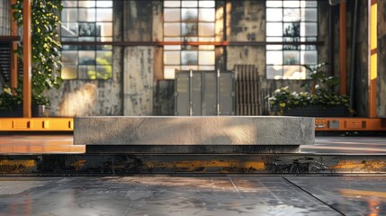 a concrete bench in a large industrial building - obrazy, fototapety, plakaty