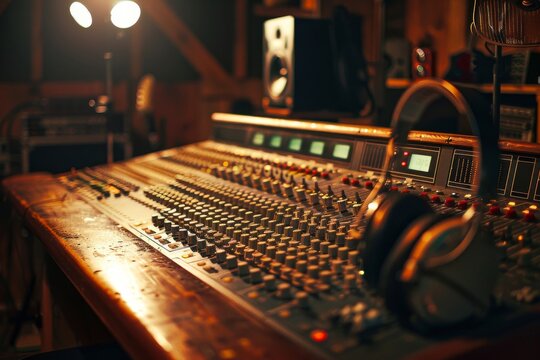 A high-definition image of a music recording studio showcasing a large mixing console bathed in soft ambient light