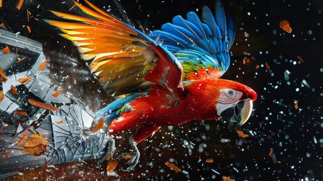 A vibrant parrot in mid-flight emerging from a shattered television screen