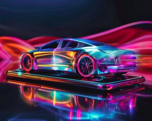 An ultra-high definition image capturing the moment a futuristic electric car partially emerges from a mobile phone screen blending physical and digital realities