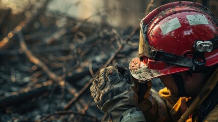 Exhausted firefighter resting amid burnt wreckage
