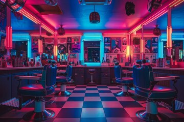 Interior of a vibrant 80s barber shop with classic red and blue striped barber poles vintage leather chairs
