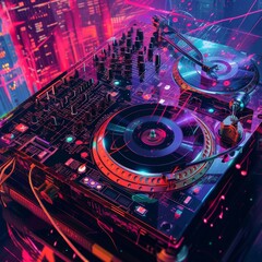 Fototapeta na wymiar Stylized digital art of a futuristic DJ set with a turntable and holographic notes floating around