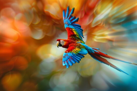 Close-up of a brightly colored parrot flying out of a 4K television screen breaking the boundary between digital and real