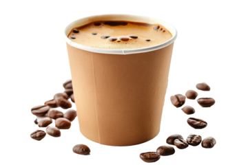Espresso coffee in a brown paper cup and coffee beans isolated on a transparent background