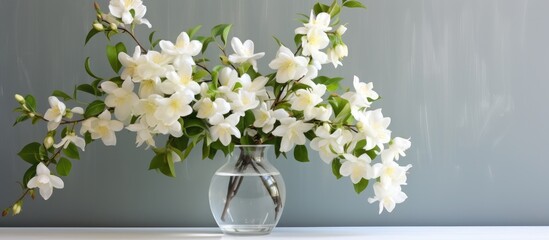 Beautiful jasmine flowers in glass vase near white brick wall indoors.