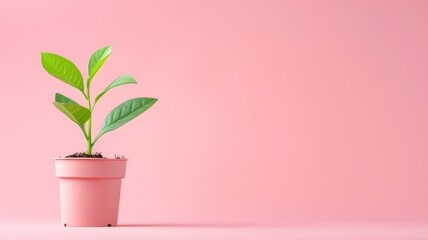 A green potted plant against a soft pink background, minimalistic style