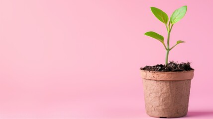 A young green plant sprouts from a biodegradable pot against a soft pink background, symbolizing growth and sustainability
