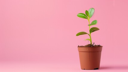 Single green plant in brown pot against soft pink backdrop