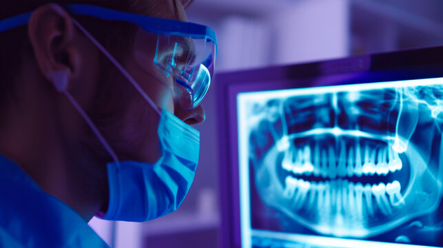 A man, wearing a surgical mask for protection, is intently focused on a computer screen, illustrating the new normal of working amidst pandemic precautions. Banner. Copy space.