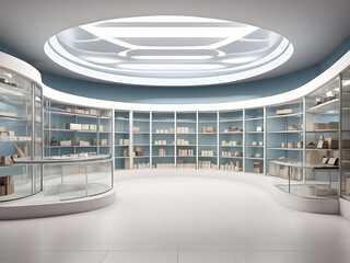 Fototapeta premium Sales area of the store with rows of empty shelving with rounded side sections, and a transparent glass ceiling. 3d illustration design.