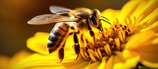A closeup shot of a honeybee on a yellow flower, showcasing the important relationship between plant and pollinator. The arthropod is captured in stunning macro photography
