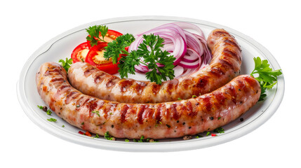 Bratwurst on a plate isolated on transparent png background. Generative ai 