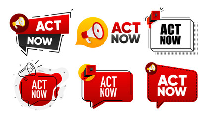 Act Now. Megaphone label collection with text. Marketing and promotion. Vector Illustration.