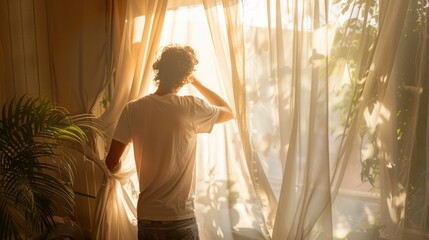 A man is standing in front of a window with a white curtain - Powered by Adobe