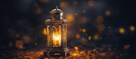 A lantern with a candle inside illuminates the dark night, casting a warm glow. This artful light fixture creates a magical ambiance in the city, highlighting skyscrapers and holy places