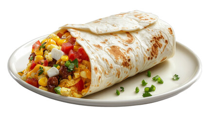 Breakfast Burrito on a plate isolated on transparent png background. Generative ai 