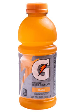 Isolated Bottle of Gatorade brand orange sport drink on transparent background