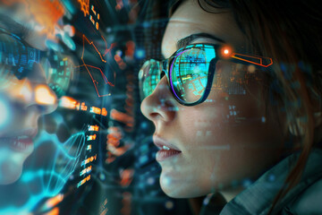 A young nerdy computer programmer looking through data software or network interface A female software developer coding and concentrating - obrazy, fototapety, plakaty