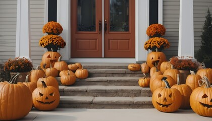 Obraz premium Harvest Charm: Plain Background Designed with Little Pumpkins at Borders, A Festive and Whimsical Display Celebrating Autumn's Bounty and Halloween Spirit