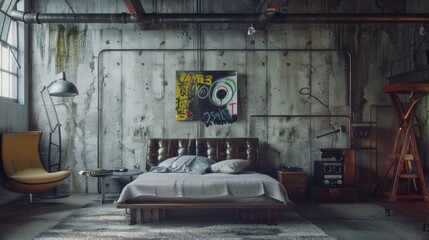Edgy Urban Bedroom with Graffiti Art and Industrial Design Elements.