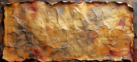 Old newspaper textured background. Vintage aged paper. Layered ancient documents with burn marks and stains. Concept of overlay template, old documents, antiquity, and vintage aesthetic. Backdrop