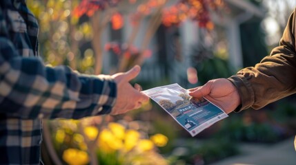 Close-up of a political campaign flyer being given to a voter. Volunteer's hand extending a flyer outdoors. Concept of elections, civic engagement, election campaign, political activism, volunteerism.