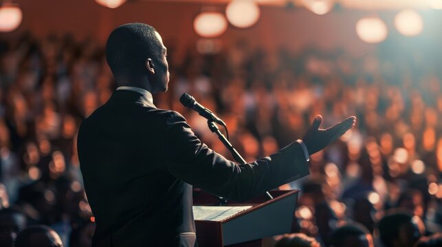 African American Presidential candidate delivering speech to voters. Orator on stage with microphone. Black man. Concept of political campaign, election rally, diversity. Copy space. Wide Banner. - Powered by Adobe