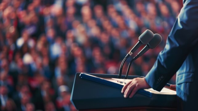 Presidential candidate delivering speech to voters. Orator on stage with microphone. Caucasian man. Concept of electoral campaign, presidential speech, voter engagement, political event. Copy space