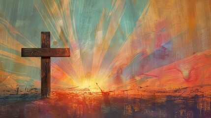 Abstract cross against dramatic sunset sky. Bold brushstrokes, vivid colors. Concept of Easter greetings, celebration, resurrection joy, religious, natural burial, memorial. Art. Postcard. Copy space - obrazy, fototapety, plakaty