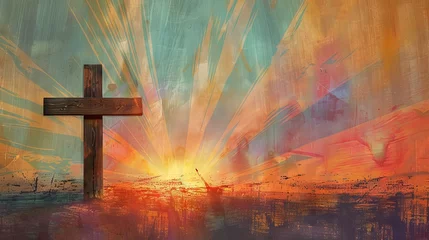 Fotobehang Abstract cross against dramatic sunset sky. Bold brushstrokes, vivid colors. Concept of Easter greetings, celebration, resurrection joy, religious, natural burial, memorial. Art. Postcard. Copy space © Jafree