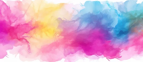 Fotobehang A vibrant cloud of purple and pink smoke emerges from a bottle on a white background, resembling a whimsical art piece with hints of violet, magenta, and creativity © TheWaterMeloonProjec
